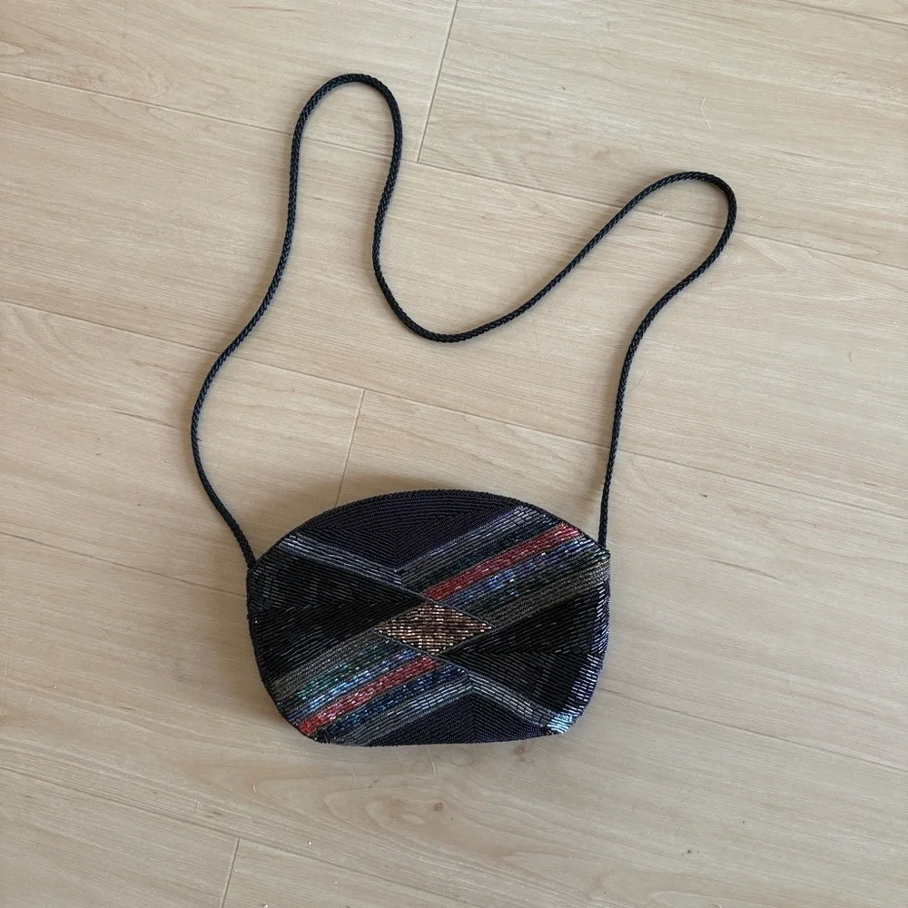 VINTAGE BEADED CLUTCH PURSE GEOMETRIC BLACK MULTICOLORED EVENING BAG CROSSBODY